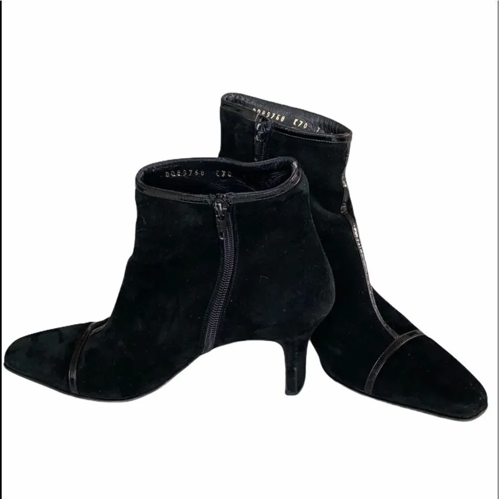Salvatore Ferragamo Suede Patent Heeled Booties Dressy  Pointed Toe Blac…‎